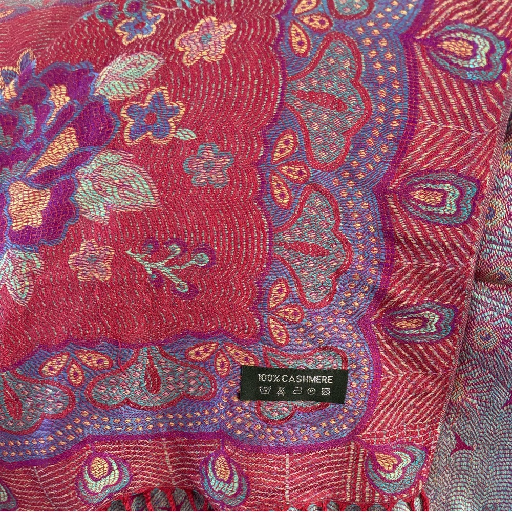 Cashmere 100% Pashmina Peacock Paisley 68" Pink Purple Scarf Shawl Wrap - Picture 6 of 8